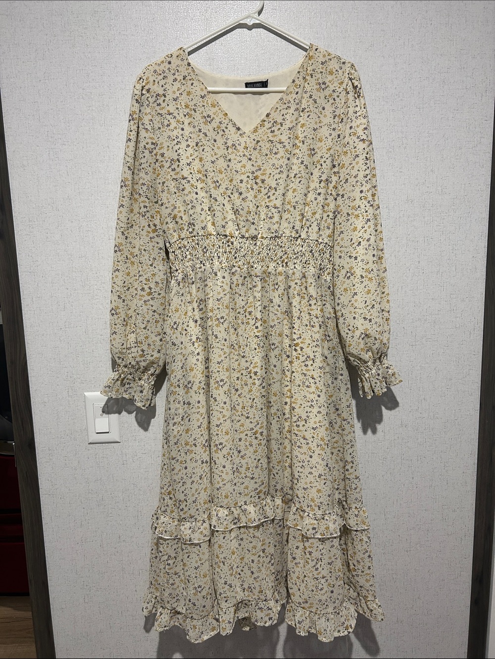 Mikarose Cream Floral Smocked-Waist Long Sleeve Midi Dress